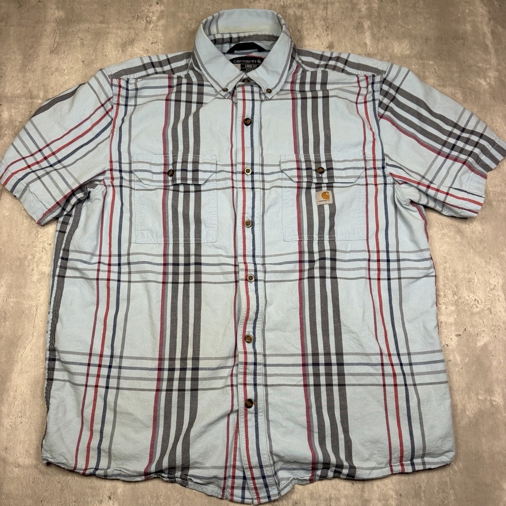 Carhartt Loose Fit Plaid Short Sleeve Button Front Shirt Blue Men’s Size Large
